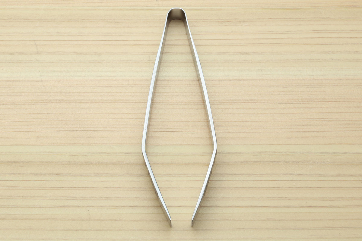 Non-slip fish bone tweezers, top view with pointed ends and smooth metal arms.
