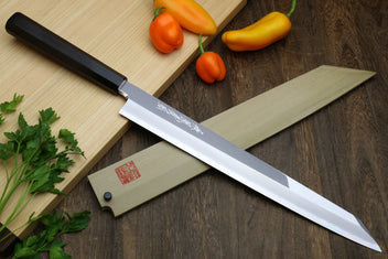Mirror-polished Japanese Yanagi kiritsuke sushi knife with dark handle and stainless blade