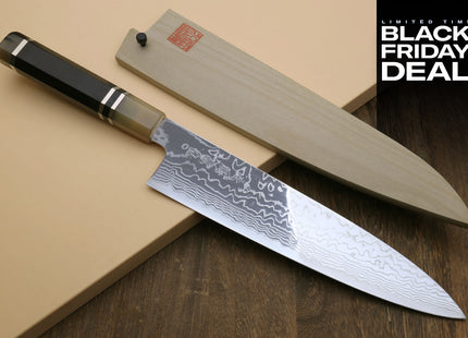 (BF Sale) Yoshihiro HAP40 High Speed Stainless Steel Damascus Gyuto Chefs Knife, Triple Ring Handle (Blade Length 9.5" (240mm))