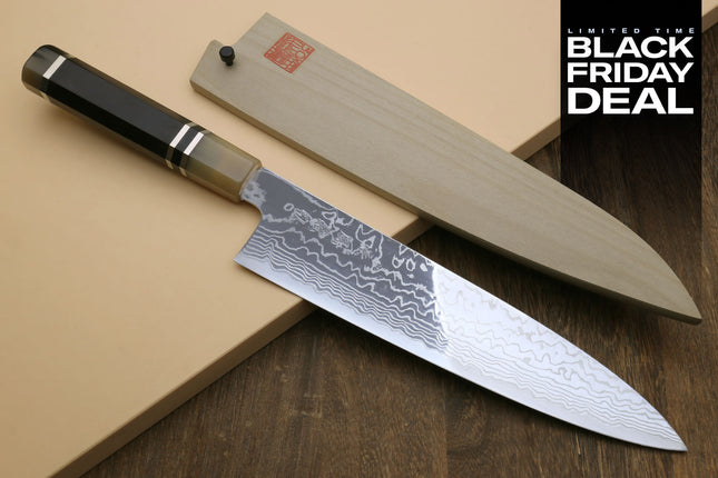 (BF Sale) Yoshihiro HAP40 High Speed Stainless Steel Damascus Gyuto Chefs Knife, Triple Ring Handle (Blade Length 9.5" (240mm))