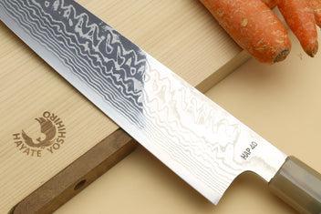 Yoshihiro HAP40 damascus kiritsuke knife blade with etched maker marks