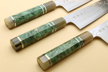 Three Yoshihiro HAP40 damascus kiritsuke chef knives with green burl handles