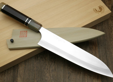 Yoshihiro Hayate ZDP-189 Super High Carbon Stainless Steel Gyuto Chefs Knife Premium Ebony Handle with Triple Ring Handle with Water Buffalo Horn Bolster