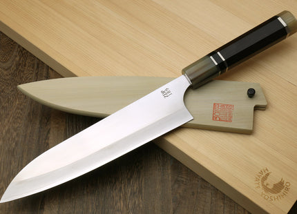 Yoshihiro Hayate ZDP-189 Super High Carbon Stainless Steel Gyuto Chefs Knife Premium Ebony Handle with Triple Ring Handle with Water Buffalo Horn Bolster