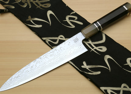 Yoshihiro Hayate ZDP-189 Super High Carbon Stainless Steel Suminagashi Gyuto Chef Knife Octagonal Ebony Wood Handle with Triple Ring