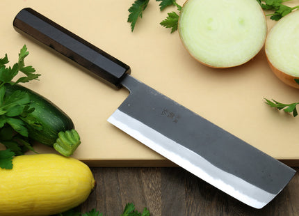 Yoshihiro High Carbon Blue Steel #2 Kurouchi Nakiri Japanese Vegetable Knife with Ebony Wood Handle