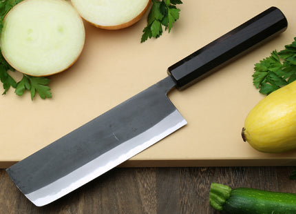 Yoshihiro High Carbon Blue Steel #2 Kurouchi Nakiri Japanese Vegetable Knife with Ebony Wood Handle