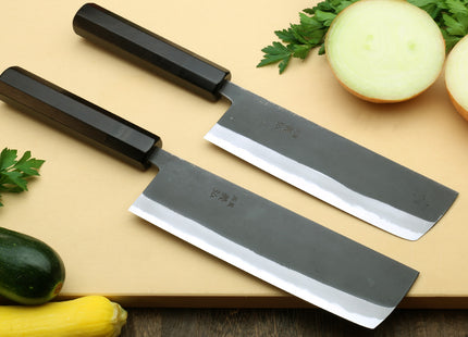 Yoshihiro High Carbon Blue Steel #2 Kurouchi Nakiri Japanese Vegetable Knife with Ebony Wood Handle