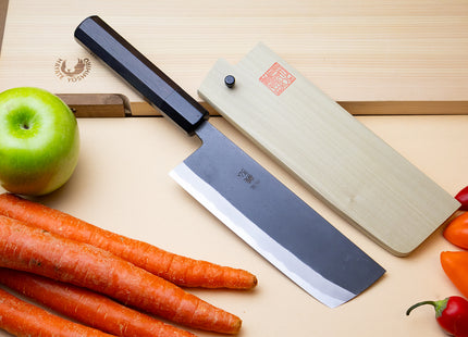 Yoshihiro High Carbon Blue Steel #2 Kurouchi Nakiri Japanese Vegetable Knife with Ebony Wood Handle