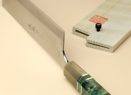 Yoshihiro High Speed Steel HAP40 Nakiri Vegetable Chefs Knife with Stabilized Maple Burl Handle and Magnolia Saya Cover