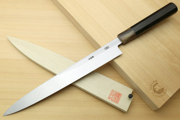 Yanagi sushi knife with white blade and dark ebony handle