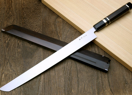 Yoshihiro Honyaki White Steel Mirror Finished Namiukashi Sakimaru Takobiki Sushi Sashimi Japanese Knife with Triple Nickel Silver Ring Ebony Handle and Premium Ebony Saya
