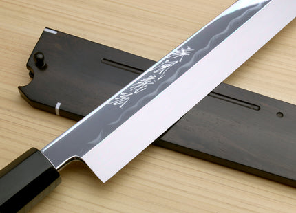 Yoshihiro Honyaki White Steel Mirror Finished Namiukashi Sakimaru Takobiki Sushi Sashimi Japanese Knife with Triple Nickel Silver Ring Ebony Handle and Premium Ebony Saya
