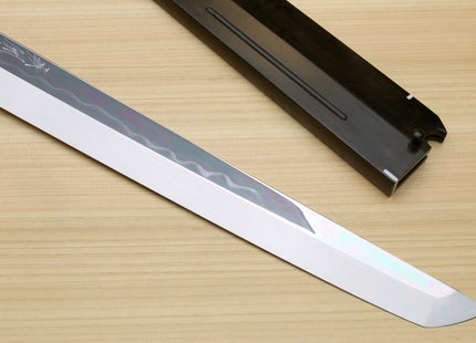 Yoshihiro Honyaki White Steel Mirror Finished Namiukashi Sakimaru Takobiki Sushi Sashimi Japanese Knife with Triple Nickel Silver Ring Ebony Handle and Premium Ebony Saya