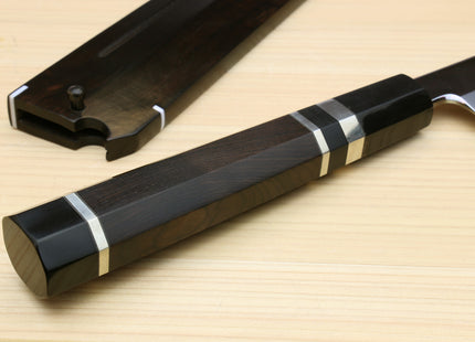 Yoshihiro Honyaki White Steel Mirror Finished Namiukashi Sakimaru Takobiki Sushi Sashimi Japanese Knife with Triple Nickel Silver Ring Ebony Handle and Premium Ebony Saya