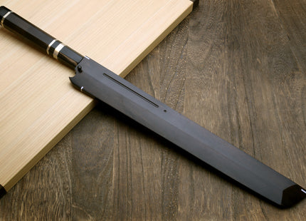Yoshihiro Honyaki White Steel Mirror Finished Namiukashi Sakimaru Takobiki Sushi Sashimi Japanese Knife with Triple Nickel Silver Ring Ebony Handle and Premium Ebony Saya