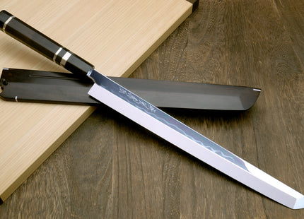 Yoshihiro Honyaki White Steel Mirror Finished Namiukashi Sakimaru Takobiki Sushi Sashimi Japanese Knife with Triple Nickel Silver Ring Ebony Handle and Premium Ebony Saya