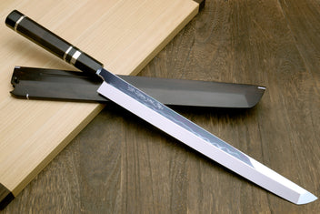 Japanese sushi knife with mirror-finished white steel blade, ebony handle and saya