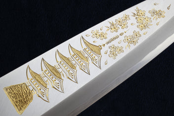 Deba fish fillet knife with white blade and gold floral pattern, wood handle