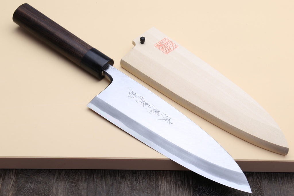 Deba knife with white steel blade and rosewood handle, second knife beside it