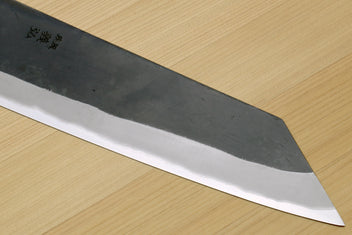 Kiritsuke chef knife blade side, dark blue steel with sharp pointed tip