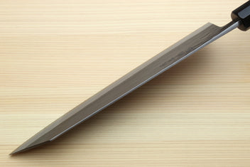 Kiritsuke chef knife side view, blue-gray blade and ebony handle