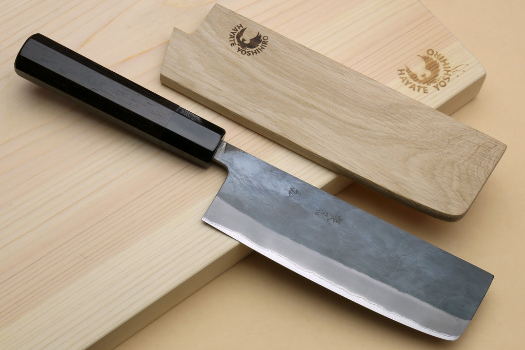 Yoshihiro Kurouchi Black-Forged Blue Steel Stainless Clad Nakiri Japanese Vegetable Knife (Ebony Handle)