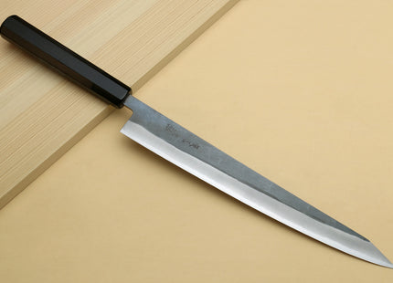Yoshihiro Kurouchi Black-Forged Blue Steel Stainless Clad Sujihiki Kiritsuke Slicer Knife (Ebony Handle)