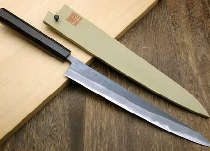 Yoshihiro Kurouchi Black-Forged Blue Steel Stainless Clad Sujihiki Kiritsuke Slicer Knife (Ebony Handle)