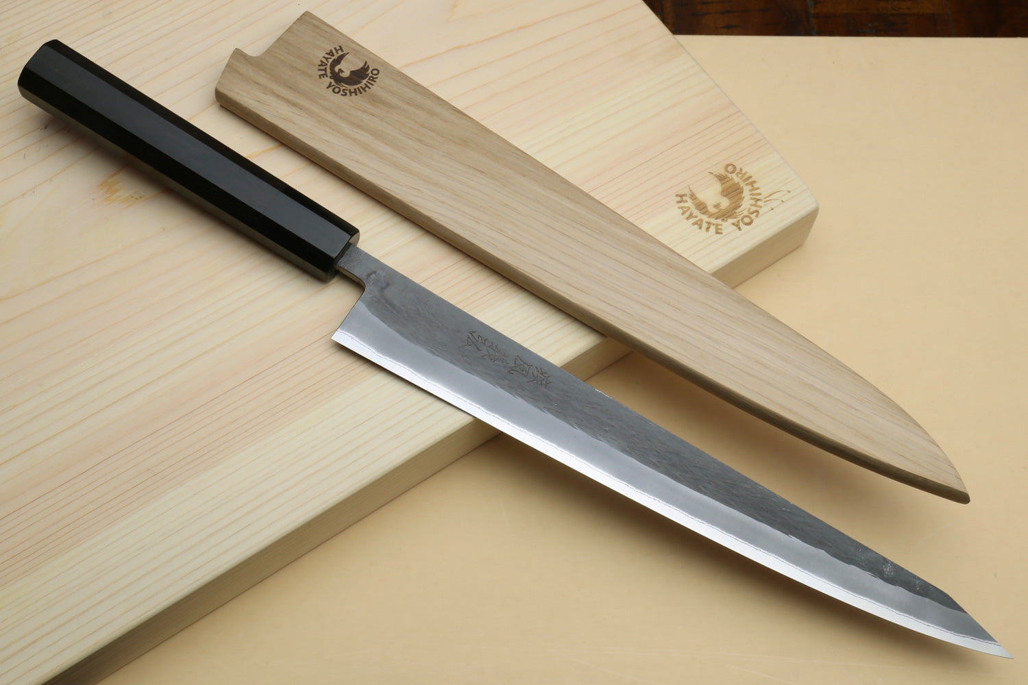Yoshihiro Kurouchi Black-Forged Blue Steel Stainless Clad Sujihiki Kiritsuke Slicer Knife (Ebony Handle)