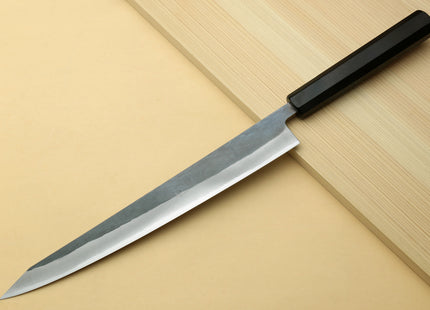 Yoshihiro Kurouchi Black-Forged Blue Steel Stainless Clad Sujihiki Kiritsuke Slicer Knife (Ebony Handle)