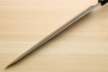 Sujihiki slicer knife in profile with long silver blade and dark ebony handle.