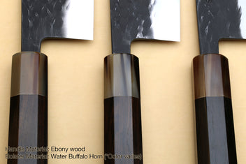 Ebony wood knife handles with water buffalo horn bolster on nakiri knife set