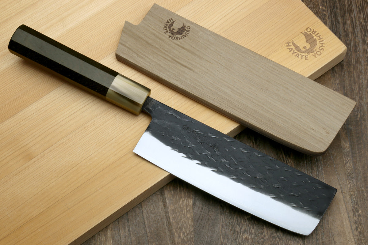Nakiri vegetable knife with dark hammered blade and wooden saya cover, two knives
