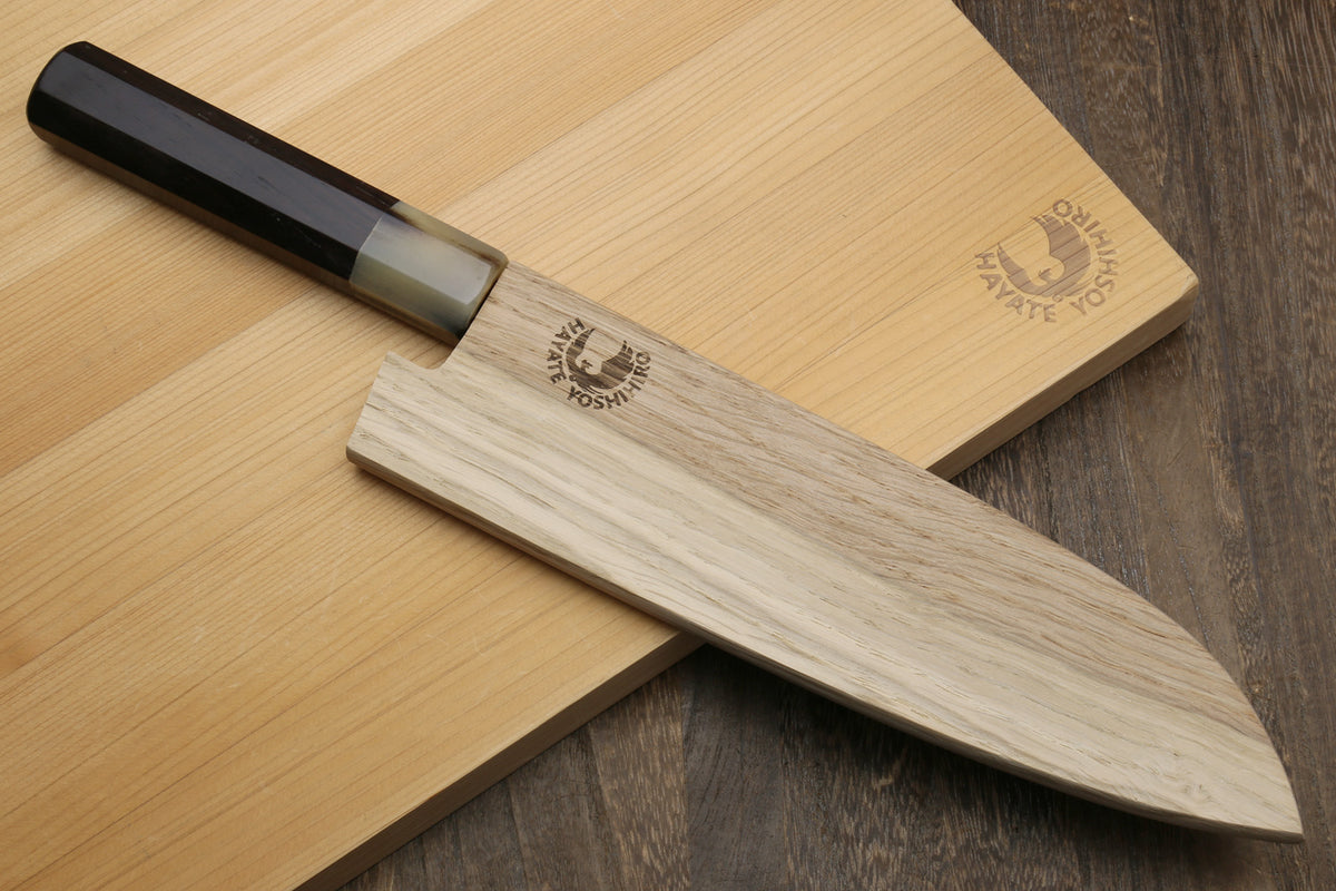 Santoku knife with saya cover and hammered stainless blade