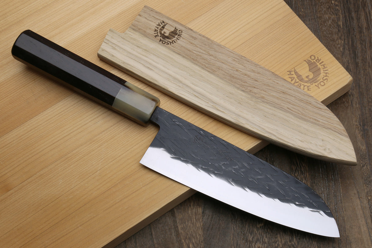 Santoku knife with wooden saya cover and hammered stainless blade