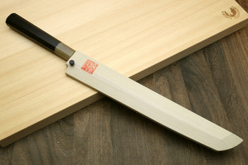 Sushi sashimi knife with pale handle and curved white blade, sakimaru point