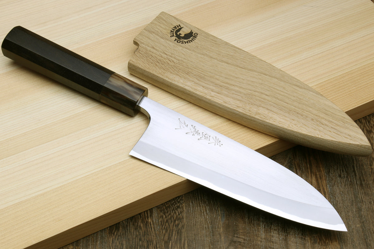Deba fish fillet chef knife with white steel blade and dark ebony handle