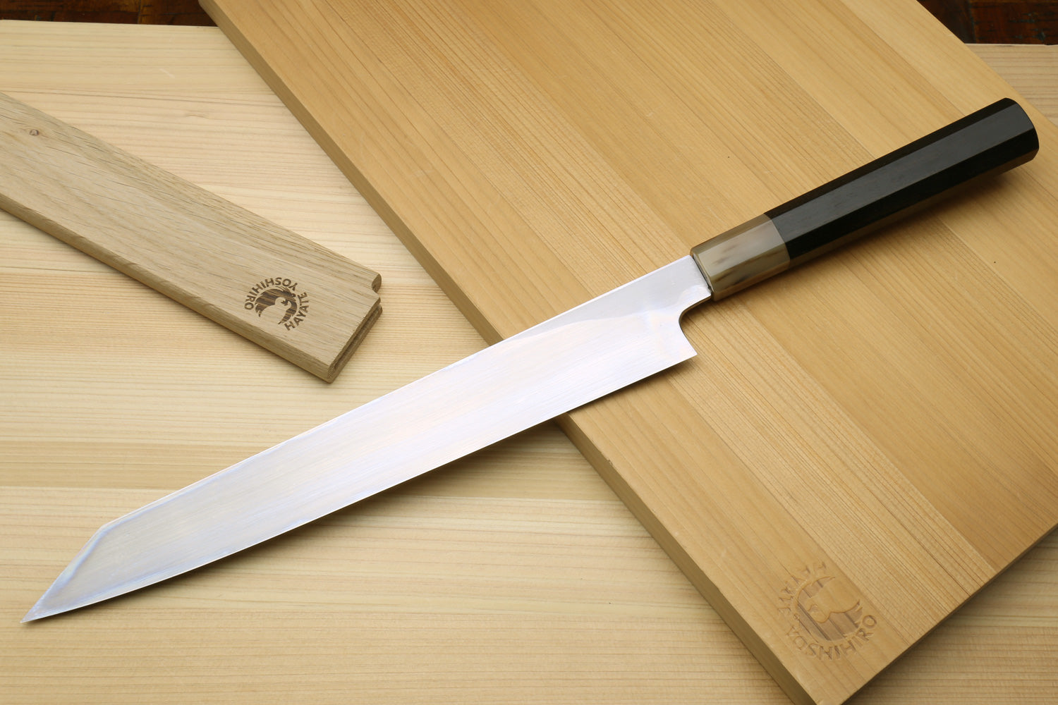 Yoshihiro Masashi Hongasumi White Steel Yanagi-Kiritsuke Sushi Sashimi Japanese Knife Ebony Handle