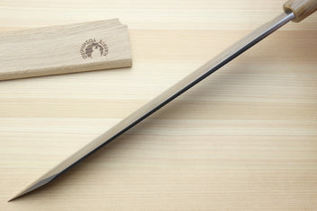 Japanese yanagi-kiritsuke knife with long white steel blade and dark handle