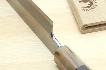 Yanagi-kiritsuke knife blade with edge profile, white steel and light wood handle