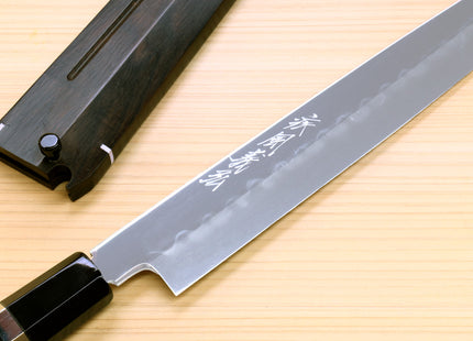 Yoshihiro Mizu Honyaki White Steel #1 Two Sided Mirror-Finished Namiukashi Yanagi Premium Triple Nickel Silver Ring Ebony Handle - IKEDA UNKAI Limited Edition