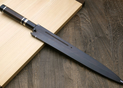 Yoshihiro Mizu Honyaki White Steel #1 Two Sided Mirror-Finished Namiukashi Yanagi Premium Triple Nickel Silver Ring Ebony Handle - IKEDA UNKAI Limited Edition