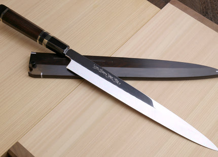 Yoshihiro Mizu Honyaki White Steel #1 Two Sided Mirror-Finished Namiukashi Yanagi Premium Triple Nickel Silver Ring Ebony Handle - IKEDA UNKAI Limited Edition