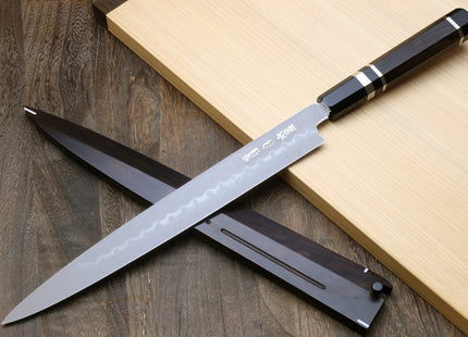 Yoshihiro Mizu Honyaki White Steel #1 Two Sided Mirror-Finished Namiukashi Yanagi Premium Triple Nickel Silver Ring Ebony Handle - IKEDA UNKAI Limited Edition