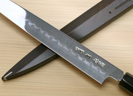 Yoshihiro Mizu Honyaki White Steel #1 Two Sided Mirror-Finished Namiukashi Yanagi Premium Triple Nickel Silver Ring Ebony Handle - IKEDA UNKAI Limited Edition