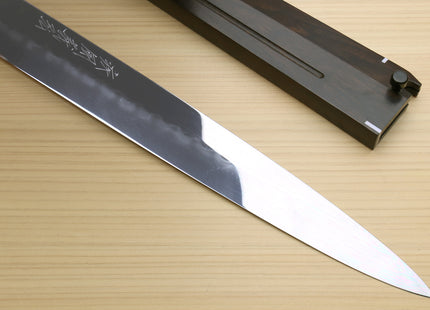 Yoshihiro Mizu Honyaki White Steel #1 Two Sided Mirror-Finished Namiukashi Yanagi Premium Triple Nickel Silver Ring Ebony Handle - IKEDA UNKAI Limited Edition