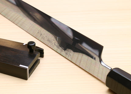 Yoshihiro Mizu Honyaki White Steel #1 Two Sided Mirror-Finished Namiukashi Yanagi Premium Triple Nickel Silver Ring Ebony Handle - IKEDA UNKAI Limited Edition