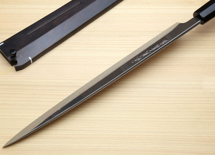 Yoshihiro Mizu Honyaki White Steel #1 Two Sided Mirror-Finished Namiukashi Yanagi Premium Triple Nickel Silver Ring Ebony Handle - IKEDA UNKAI Limited Edition