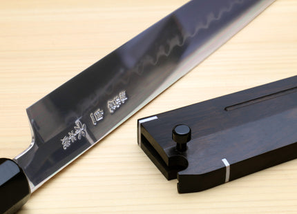 Yoshihiro Mizu Honyaki White Steel #1 Two Sided Mirror-Finished Namiukashi Yanagi Premium Triple Nickel Silver Ring Ebony Handle - IKEDA UNKAI Limited Edition